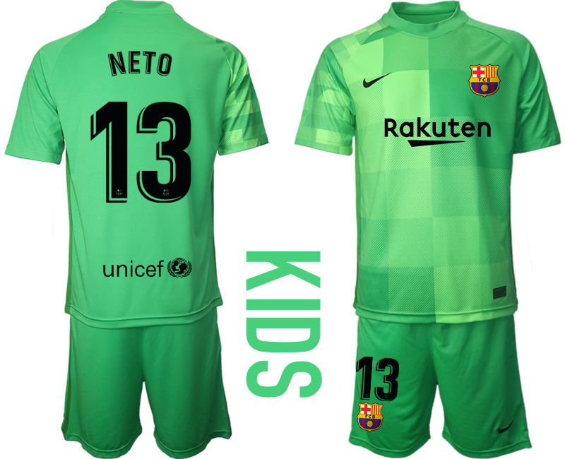 Youth 2021-2022 Club Barcelona green goalkeeper #13 Soccer Jersey